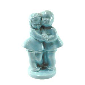 Vintage Girl Boy Hugging Planter by Shawnee Light Aqua Blue